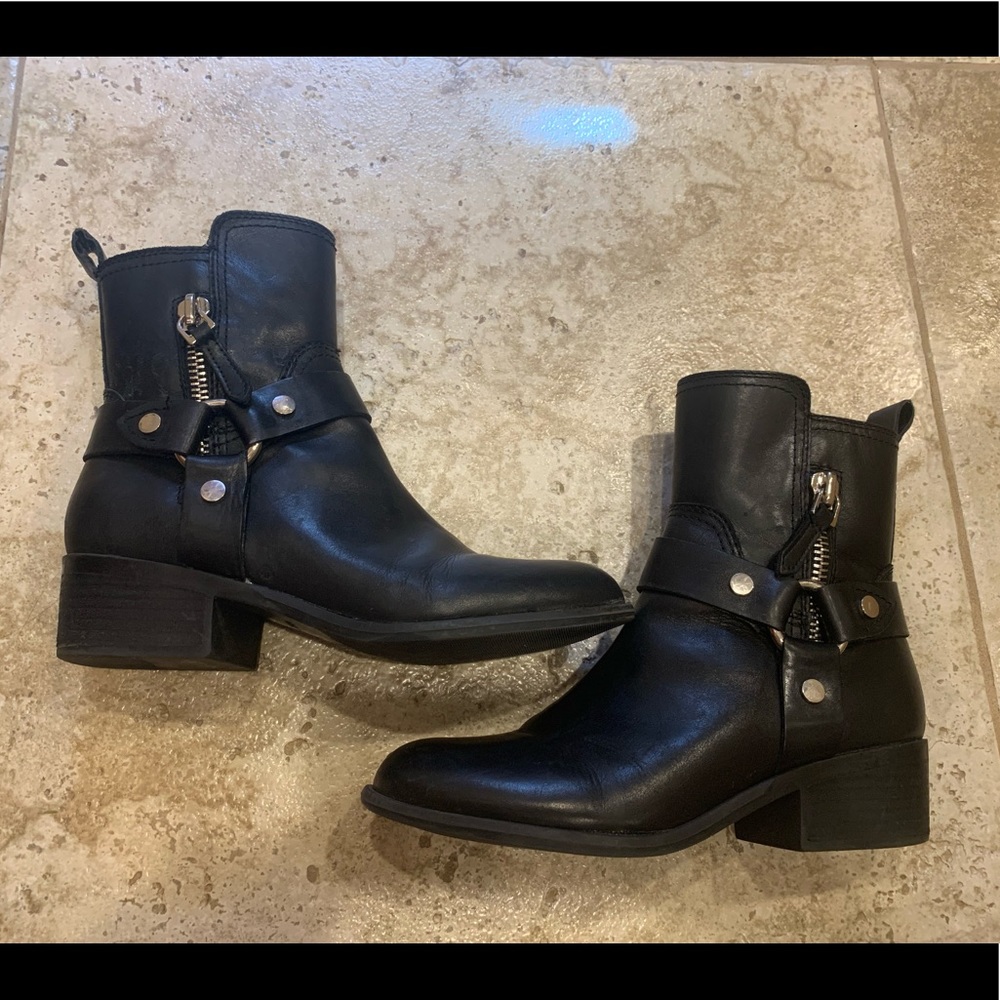 Marc Fisher Black Leather Harness Heeled Ankle Boots